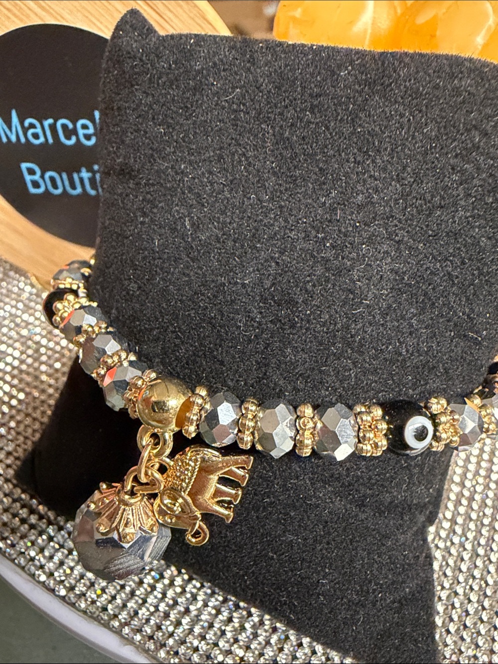 Gold & Gray Beaded Elephant Charm Bracelet